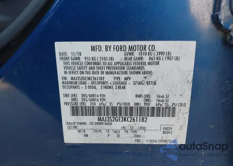 2019 Ford Ecosport Se from USA, damaged, VIN MAJ3S2GE3KC261182